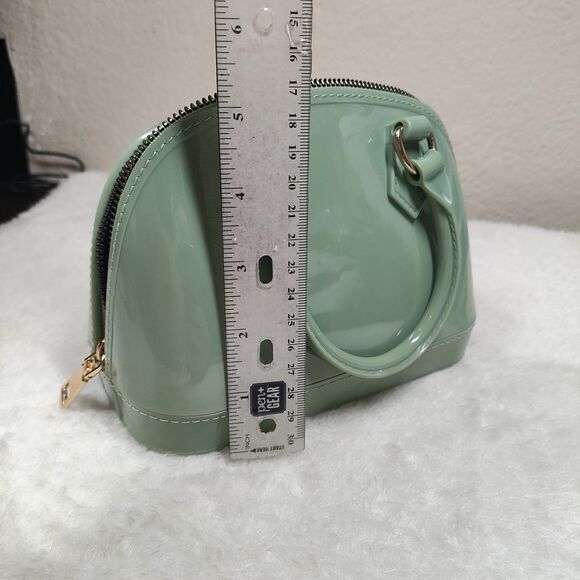 Glossy Green Double Handle Small Purse Gold Zipper - Patent Leather Finish Like - Picture 6 of 8